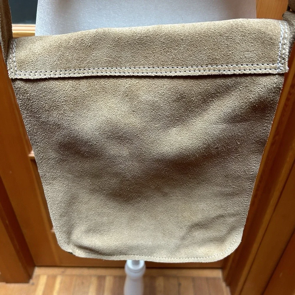 VTG Mexico Handmade Artisan Leather Suede Crossbody Purse Bag Retro Boho Tan